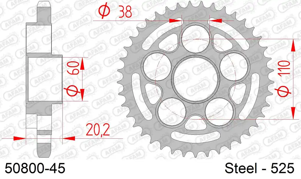Corona AFAM 50800-45 in acciaio passo 525 DUCATI 821 HYPERMOTARD 2013 -2015 Ultimissimo Modello